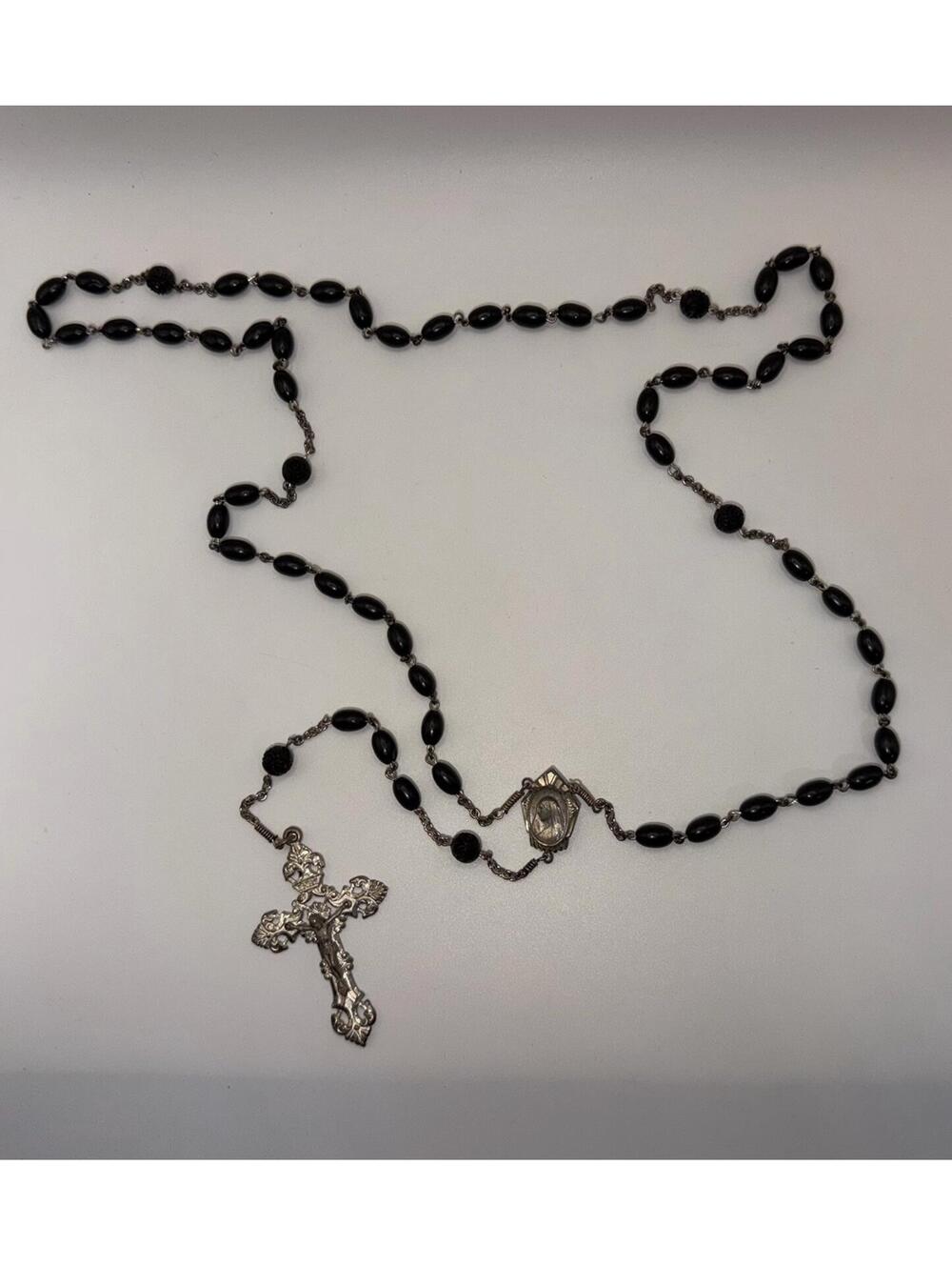 AP Alfredo Pieroni - Rosary Black Oval - Sterling Stamped Made in Italy - 1960s